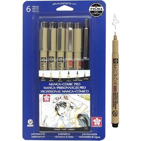 SAKURA Pigma Micron Manga Comic Pro Fineliner Pens - Archival Black Ink Pens - Assorted Point Sizes - 6 Pack