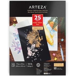ARTEZA Mixed Media Sketchbook, 9x12 Inches, 25 Sheets, 122lb, Cold-Press, Toned Mixed Media Paper, White, Cream, Light Gray, Gray, and Black