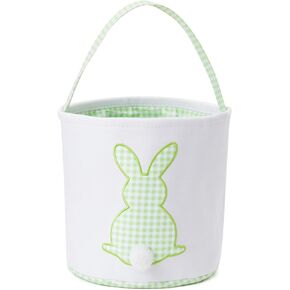 Easter Basket with Handle Easter Bucket Easter Baskets for Kids Easter Basket Bags Egg Hunt Basket Canvas Plaid Bunny Print Basket with Fluffy Tail (Pink Plaid)