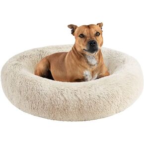 Friends Forever Serena Donut Memory Foam Orthopedic Dog Bed, Soft Faux Fur Oval Cat Couch For Indoor Pet, Fluffy Calming Plush Shag, Round Bolster Cushion, Machine Washable Cuddler, Tan, 36"x27"x7.5"