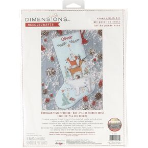 Dimensions Woodland Stack Counted Cross Stitch Christmas Stocking Kit, 16" Long, 14 Cnt. Light Blue Aida 6 pcs