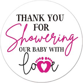 Pack of 50 Pink Little Feet Baby Shower Stickers, Thank You for Showering Our Baby with Love Stickers, Baby Shower Favors for Girls, Baby Shower Favor Labels, 2 Inch.