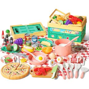 80Pcs Kitchen Playset, Toddler Pretend Cooking with Pots, Pans, Cookware, Food, Picnic Blanket, Fruits, Veges, Shopping Storage Basket, Dessert , Learning Gift for Girls Boys (White)