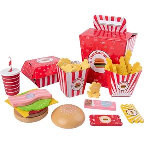 Wooden Fast Food Toys Set: Wood Play Food Toys Including French Fries Play Kitchen Accessories Kids Toddler Childrens Simulate Cooking Toys