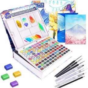 Gunsamg Watercolor Paint Set, 100 Colors Painting with Water Brush Pens, Professional Watercolor Paint Set for Kids, Adults, Art Supplies. 54 Premium Colors, 10 Fluorescent Colors, 36 Metallic Colors.