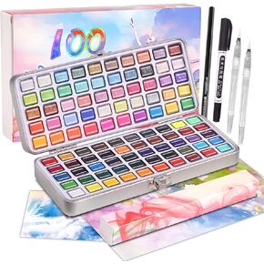 Gunsamg Watercolor Paint Set, 100 Colors Painting with Water Brush Pens, Professional Watercolor Paint Set for Kids, Adults, Art Supplies. 54 Premium Colors, 10 Fluorescent Colors, 36 Metallic Colors.
