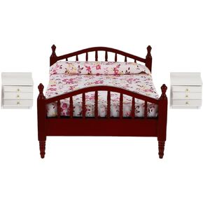 NUOBESTY Miniature Dollhouse Bed- Dolls House Furniture Bed with Mattress and Wooden Bedside Table- 1/12 Scale