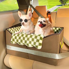 Elevated Dog Car Seat for Medium Sized Dog Under 45 lbs or 2 Dogs Under 25 lbs,Bucket Pet Booster Seat for Front and Back Seat to See Out Window,Funny Fuzzy Dog Bed Car Seat(Dark Brown+Green Plaid) in Kuwait