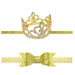 Elesa Miracle 2pcs Baby Hair Accessories Baby Girl's Gift Box with Shiny Bow Crown Tiara Headband (2pc- Gold)