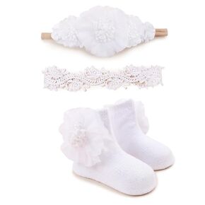 cherrboll Baby Girl Headbands and Socks Set, 3Pcs Soft Floral Hairbands Hair Bows Knit Socks for Newborn Infants Toddlers Photography Props Gifts