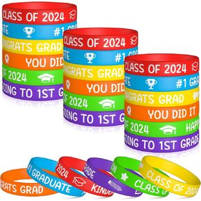 WATINC Kindergarten Graduation Silicone Bracelets Class of 2024 Colorful Happy Graduation Stretch Wristbands Rubber Bracelet Students Rewards for Party Favors Supplies Decoration 6 Colors (36 Pieces)