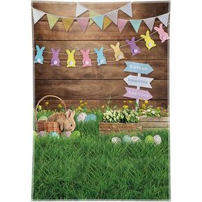 ZTHMOE 5x7ft Durable Fabric Spring Easter Photography Backdrop Rabbit Eggs Wooden Wall Flowers Grass Background Bunny Flag Portrait Photo Booth Props