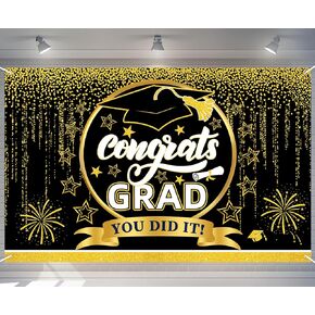 Class of 2024 Graduation Backdrop Banner, Black and Gold Graduation Banner Backdrop Sign Congratulations Graduation Party Supplies Photography Backdrop 2024 Graduation Party Decorations