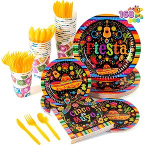 JOYIN 168 Pcs Fiesta Party Paper Plates and Napkins Set for Mexican Theme Party Decorations, Cinco De Mayo Colorful Stripes Mexico Platters Tableware Set, Mayo Dance Pinata Taco Colorful Theme Party