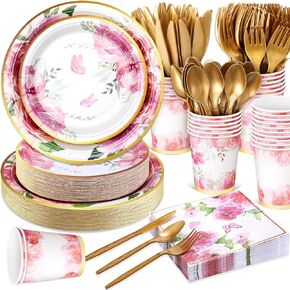 350 Pcs Tea Party Supplies Spring Summer Sage Green Sunflower Party Tableware Set Disposable Plates Napkins Paper Cups Plastic Cutlery Set For Birthday Bridal Baby Shower Serves 50(Floral)