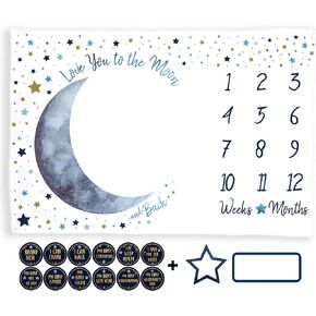 Stars Baby Monthly Milestone Blanket Boy, Infant Months Newborn Photography Background Photo Prop Memory Growth Chart Shower Registry I Love You to the Moon and Back Nursery (Blue Moon, Minky 40"x30")