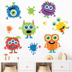 Mfault Cute Monster Wall Decals Stickers, Colorful Big Eye Cartoon Monster Paint Splatter Nursery Decorations Kids Bedroom Art, Toddlers Boy Girl Room Playroom Daycare Decor