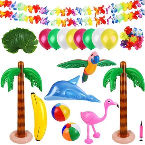 Ruisita 57 Pieces Inflatable Luau Party Set Includes Inflatable Palm Trees Inflatable Banana Beach Balls Flamingo Toys Flying Parrot Dolphin for Hawaii Party Luau Beach Party Decor