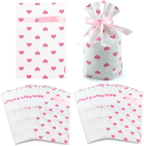 30 PCS Valentines Treat Bags Drawstring Gift Bags Pink Heart Cellophane Bags 6x9 Cookie Bags Candy Bags For Wedding Birthday Engagement Holiday Party in Saudi Arabia