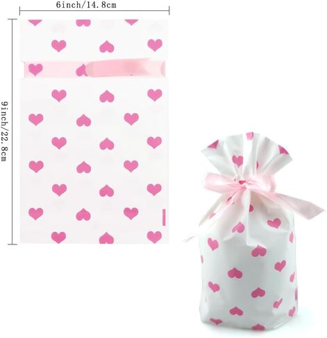 30 PCS Valentines Treat Bags Drawstring Gift Bags Pink Heart Cellophane Bags 6x9 Cookie Bags Candy Bags For Wedding Birthday Engagement Holiday Party in Saudi Arabia