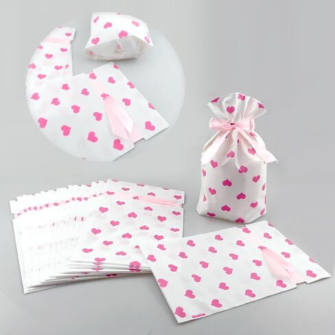 30 PCS Valentines Treat Bags Drawstring Gift Bags Pink Heart Cellophane Bags 6x9 Cookie Bags Candy Bags For Wedding Birthday Engagement Holiday Party in Saudi Arabia