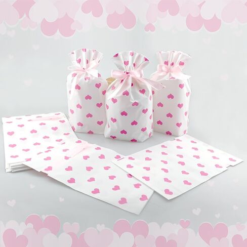 30 PCS Valentines Treat Bags Drawstring Gift Bags Pink Heart Cellophane Bags 6x9 Cookie Bags Candy Bags For Wedding Birthday Engagement Holiday Party in Saudi Arabia