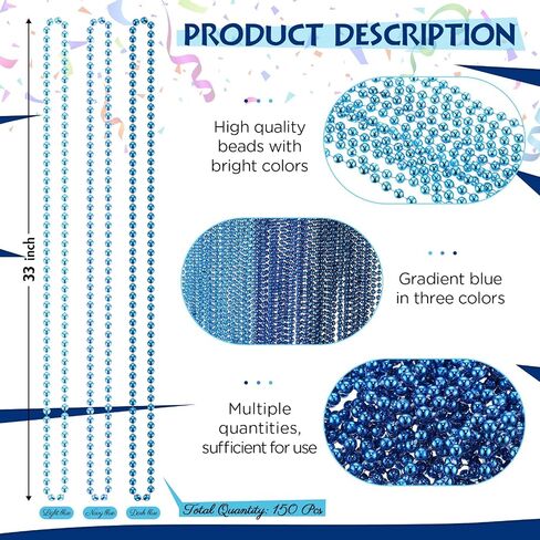Quelay 150 Pcs Blue Mardi Gras Beads Necklace, 6mm Metallic Round Beaded Necklace, 33 Inch Beads Costume Necklaces for Party, Mardi Gras Throws, Light Blue, Royal Blue, Dark Blue in Saudi Arabia