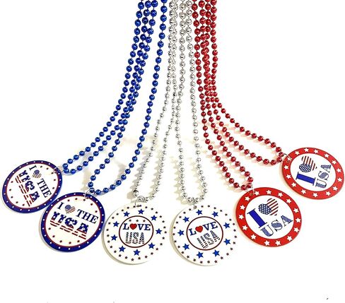 الرابع من يوليو الخرز القلائد حزب تفضل عيد الاستقلال الأحمر الأبيض الأزرق ميدالية القلائد لوازم حفلات اليوم الوطني (12 قطعة) in Kuwait