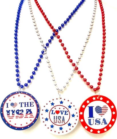 الرابع من يوليو الخرز القلائد حزب تفضل عيد الاستقلال الأحمر الأبيض الأزرق ميدالية القلائد لوازم حفلات اليوم الوطني (12 قطعة) in Kuwait