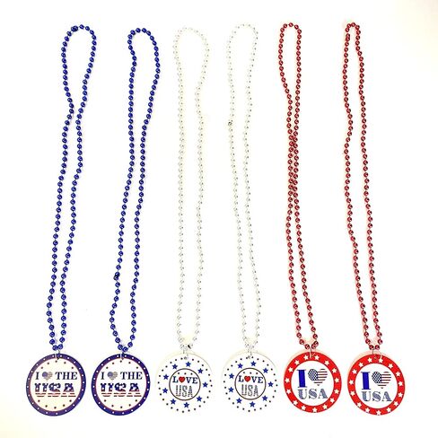 الرابع من يوليو الخرز القلائد حزب تفضل عيد الاستقلال الأحمر الأبيض الأزرق ميدالية القلائد لوازم حفلات اليوم الوطني (12 قطعة) in Kuwait