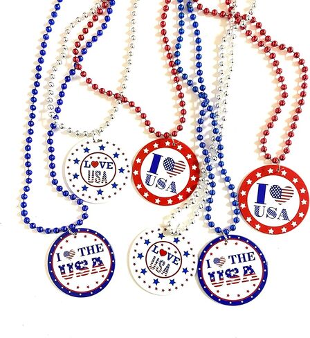 الرابع من يوليو الخرز القلائد حزب تفضل عيد الاستقلال الأحمر الأبيض الأزرق ميدالية القلائد لوازم حفلات اليوم الوطني (12 قطعة) in Kuwait