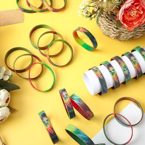 Halloscume 50 Pcs Rubber Bracelets Rainbow Silicone Wristbands Multicolor Sports Rubber Bracelets Tie Dye Party Favors for Teens Men Women in Saudi Arabia