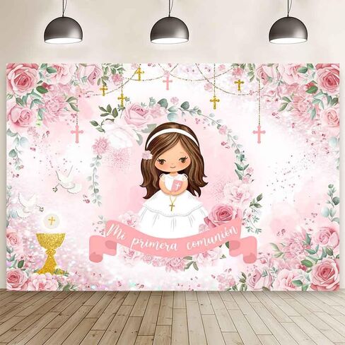 MEHOFOND 7x5ft Mi Primera Comunión Backdrop Pastel Pink Floral Baptism Photography Background for Girl Pink Mi Bautizo Chalice God Bless Doves Glitter Dot Decor First Holy Communion Party Photo Props in Saudi Arabia