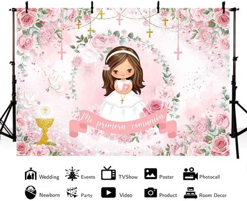MEHOFOND 7x5ft Mi Primera Comunión Backdrop Pastel Pink Floral Baptism Photography Background for Girl Pink Mi Bautizo Chalice God Bless Doves Glitter Dot Decor First Holy Communion Party Photo Props in Saudi Arabia