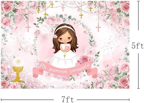 MEHOFOND 7x5ft Mi Primera Comunión Backdrop Pastel Pink Floral Baptism Photography Background for Girl Pink Mi Bautizo Chalice God Bless Doves Glitter Dot Decor First Holy Communion Party Photo Props in Saudi Arabia