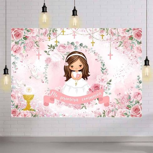 MEHOFOND 7x5ft Mi Primera Comunión Backdrop Pastel Pink Floral Baptism Photography Background for Girl Pink Mi Bautizo Chalice God Bless Doves Glitter Dot Decor First Holy Communion Party Photo Props in Saudi Arabia