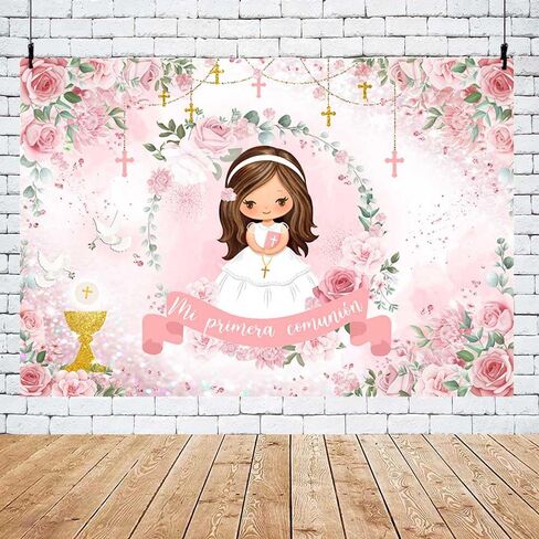 MEHOFOND 7x5ft Mi Primera Comunión Backdrop Pastel Pink Floral Baptism Photography Background for Girl Pink Mi Bautizo Chalice God Bless Doves Glitter Dot Decor First Holy Communion Party Photo Props in Saudi Arabia
