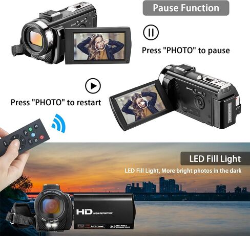 كاميرا فيديو MELCAM لليوتيوب، مسجل كاميرا Vlogging Full HD 1080P 30FPS 24MP 16X تكبير 3 بوصة شاشة دوران 270 درجة كاميرا رقمية مع ميكروفون، ملء الضوء، جهاز التحكم عن بعد، بطاريتان in Saudi Arabia