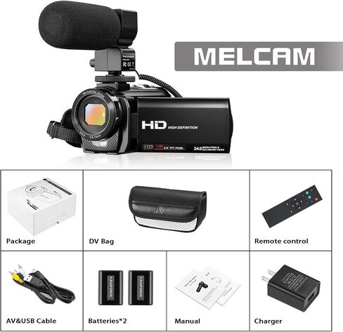 كاميرا فيديو MELCAM لليوتيوب، مسجل كاميرا Vlogging Full HD 1080P 30FPS 24MP 16X تكبير 3 بوصة شاشة دوران 270 درجة كاميرا رقمية مع ميكروفون، ملء الضوء، جهاز التحكم عن بعد، بطاريتان in Saudi Arabia