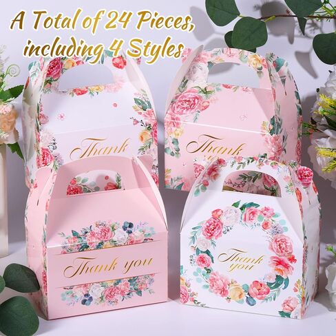علب هدايا شكرًا لك مقاس 6 × 3.5 × 3.5 بوصة، صندوق هدايا من الورق المقوى باللون الأبيض والوردي والزهور وصناديق هدايا للحفلات وعلب حلوى كوكيز لحفلات الغداء وحفلات الزفاف وأعياد الميلاد (24 قطعة) in Kuwait