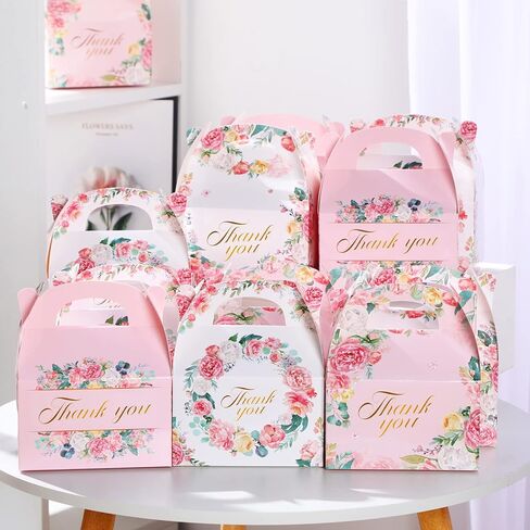 علب هدايا شكرًا لك مقاس 6 × 3.5 × 3.5 بوصة، صندوق هدايا من الورق المقوى باللون الأبيض والوردي والزهور وصناديق هدايا للحفلات وعلب حلوى كوكيز لحفلات الغداء وحفلات الزفاف وأعياد الميلاد (24 قطعة) in Kuwait