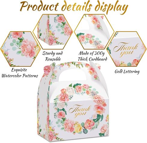 علب هدايا شكرًا لك مقاس 6 × 3.5 × 3.5 بوصة، صندوق هدايا من الورق المقوى باللون الأبيض والوردي والزهور وصناديق هدايا للحفلات وعلب حلوى كوكيز لحفلات الغداء وحفلات الزفاف وأعياد الميلاد (24 قطعة) in Kuwait