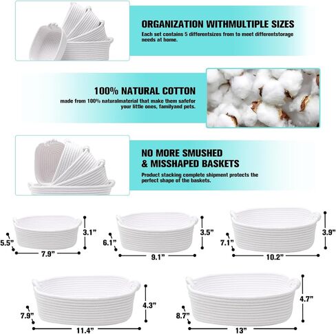 5-Piece Woven Baskets for Organizing Storage ，Cotton Rope bathroom organizers for Shelf,Small Basket for Baby Toy,Gift Empty,Cat Dog Toy,Nursery Bathroom Organization Bins (White) in Saudi Arabia