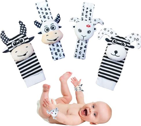 Baby Wrist Rattles Foot Finder Rattle Socks for Babies 3 6 18 Months Black and White High Contrast Baby Infant Soft Sensory Toys for Newborn Baby Mittens Gift for Boy Girl Bebe in Saudi Arabia
