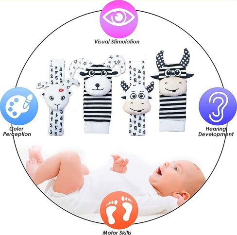 Baby Wrist Rattles Foot Finder Rattle Socks for Babies 3 6 18 Months Black and White High Contrast Baby Infant Soft Sensory Toys for Newborn Baby Mittens Gift for Boy Girl Bebe in Saudi Arabia