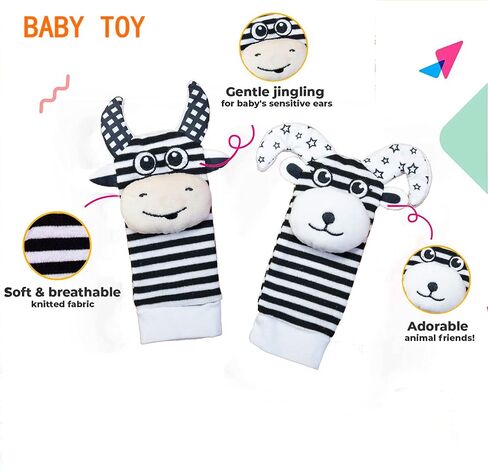 Baby Wrist Rattles Foot Finder Rattle Socks for Babies 3 6 18 Months Black and White High Contrast Baby Infant Soft Sensory Toys for Newborn Baby Mittens Gift for Boy Girl Bebe in Saudi Arabia