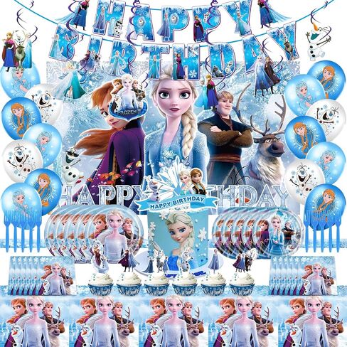 Frozen Birthday Party Supplies, Frozen Party Decorations&Tableware Set Include Happy Birthday Banner, Hanging Swirl, Balloons, Backdrop, Cake & Cupcake Topper, Plates, Napkins, Tablecloth in Saudi Arabia