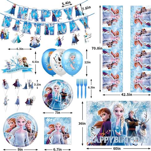 Frozen Birthday Party Supplies, Frozen Party Decorations&Tableware Set Include Happy Birthday Banner, Hanging Swirl, Balloons, Backdrop, Cake & Cupcake Topper, Plates, Napkins, Tablecloth in Saudi Arabia