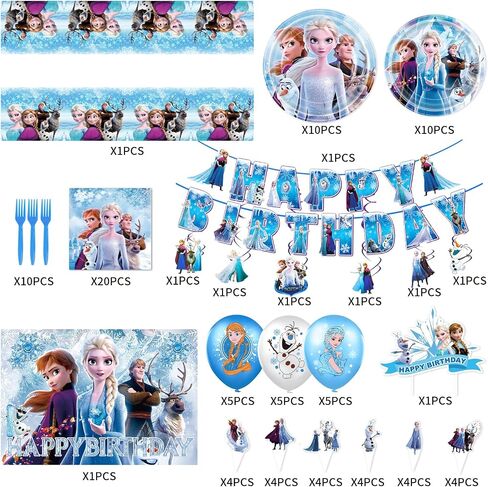 Frozen Birthday Party Supplies, Frozen Party Decorations&Tableware Set Include Happy Birthday Banner, Hanging Swirl, Balloons, Backdrop, Cake & Cupcake Topper, Plates, Napkins, Tablecloth in Saudi Arabia