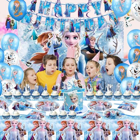 Frozen Birthday Party Supplies, Frozen Party Decorations&Tableware Set Include Happy Birthday Banner, Hanging Swirl, Balloons, Backdrop, Cake & Cupcake Topper, Plates, Napkins, Tablecloth in Saudi Arabia